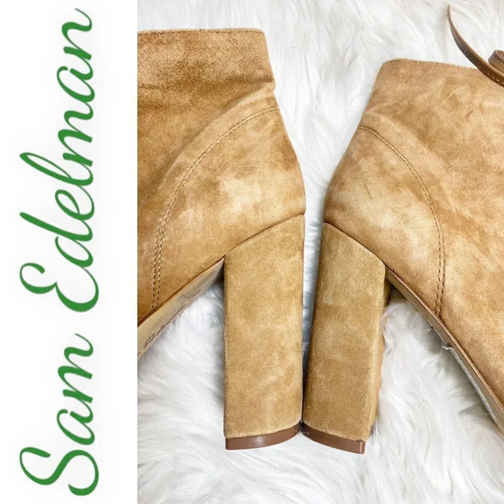 SAM EDELMAN YVIE Suede Open‎ Toe Lace Up Ankle Boot Saddle Brown, Size 8